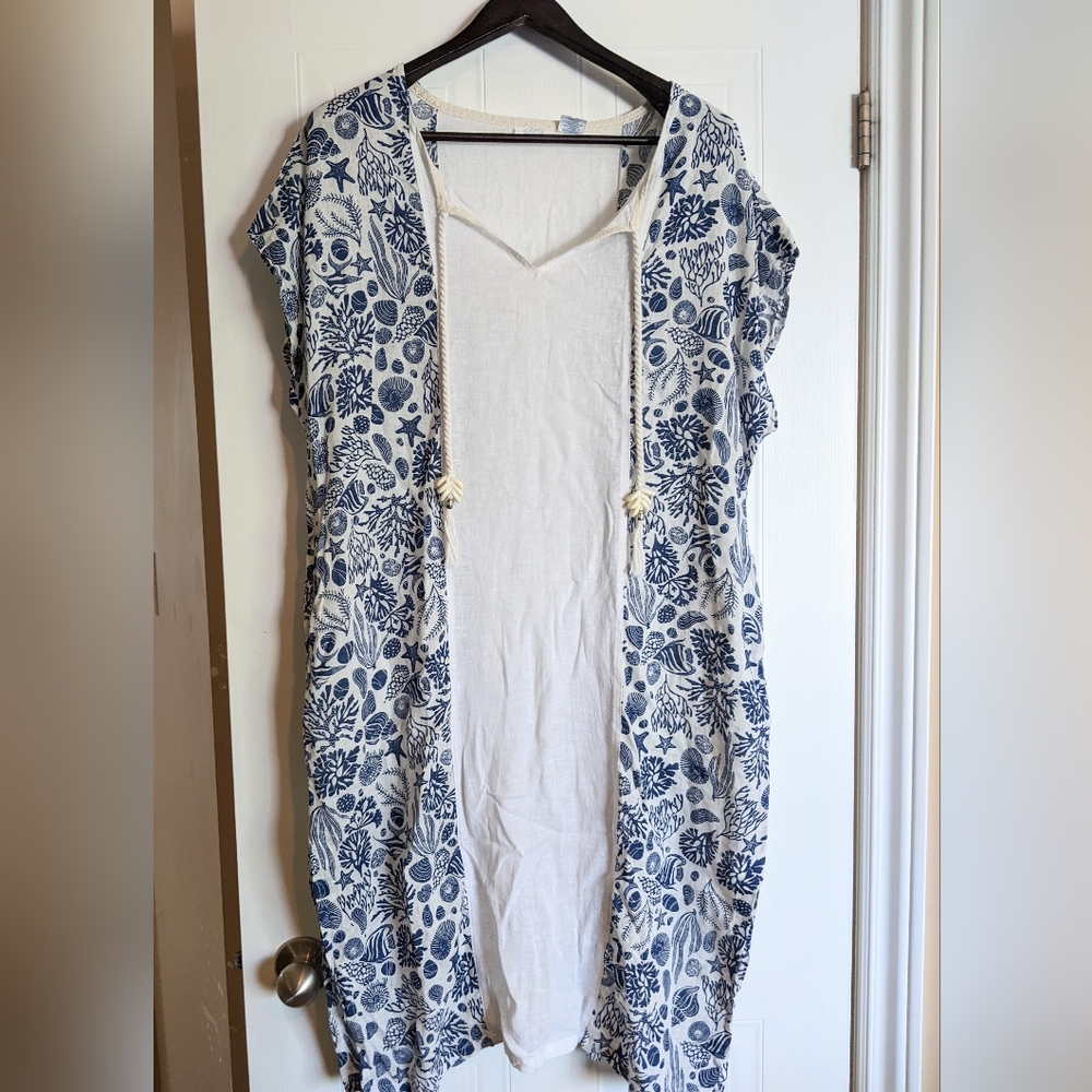 Sigrid Olsen Navy & White Floral Swim Cover-Up with Pockets Size S Linen Blend